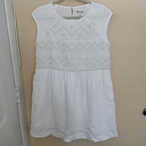 Madewell White Linen Embroidered Sleeveless Lined Dress M Pockets Vacation